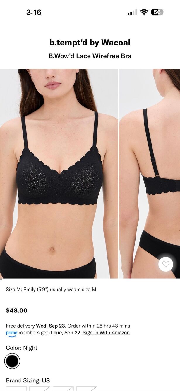 Pair of b.tempt'd by Wacoal B.Wow'd Lace Wirefree Bra size LaRGE
